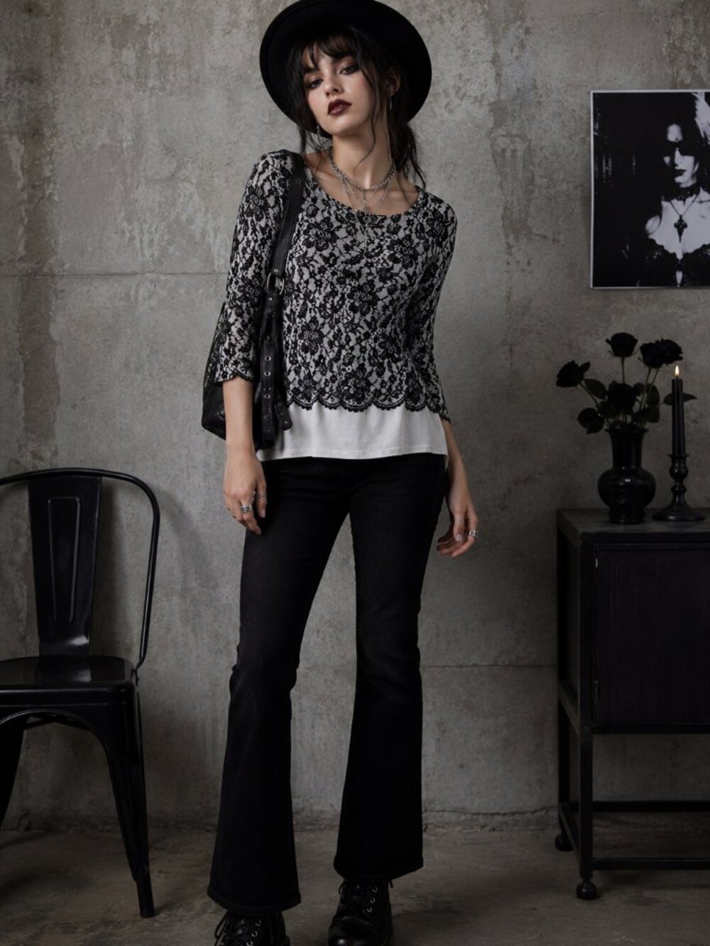 Whimsigoth Black Lace Pattern Top M Romantic Goth Dark Grunge Fairy Witchy